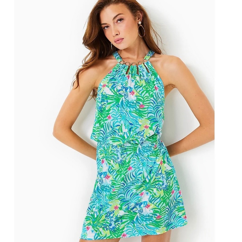 Lilly Pulitzer Shirelle Skirted Romper Halter Mini Dress Gold Floral Tropical L